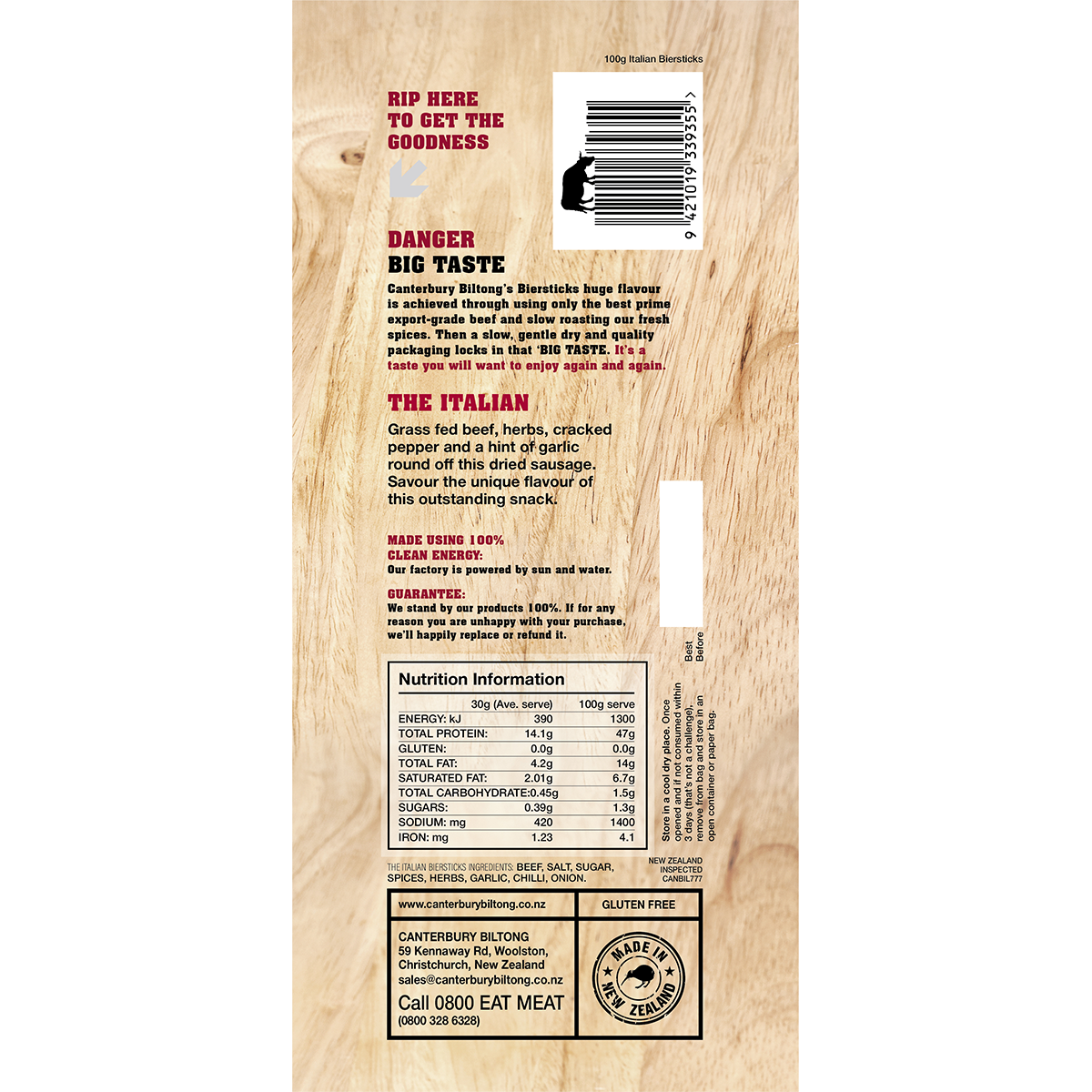 Canterbury Biltong Grass Fed Biersticks Meat Stick 4pk Italian 10x100g
