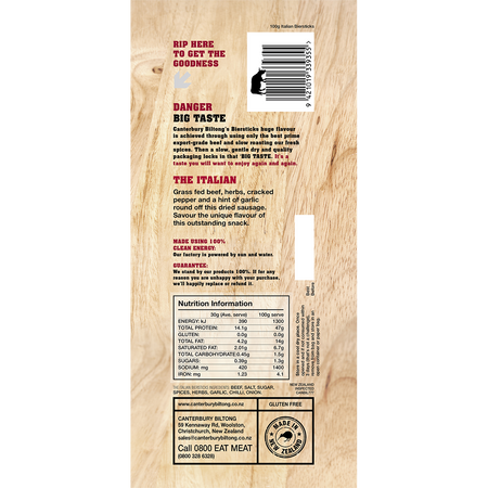 Canterbury Biltong Grass Fed Biersticks Meat Stick 4pk Italian 10x100g