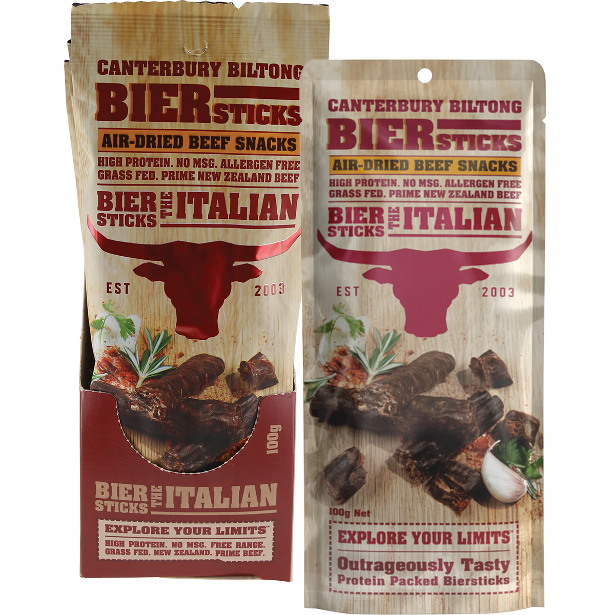 Canterbury Biltong Grass Fed Biersticks Meat Stick 4pk Italian 10x100g