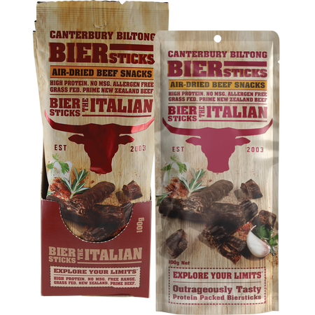 Canterbury Biltong Grass Fed Biersticks Meat Stick 4pk Italian 10x100g