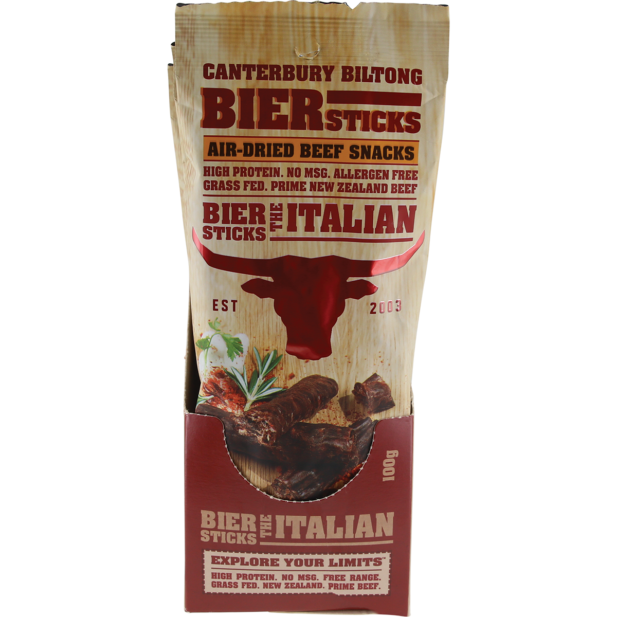 Canterbury Biltong Grass Fed Biersticks Meat Stick 4pk Italian 10x100g