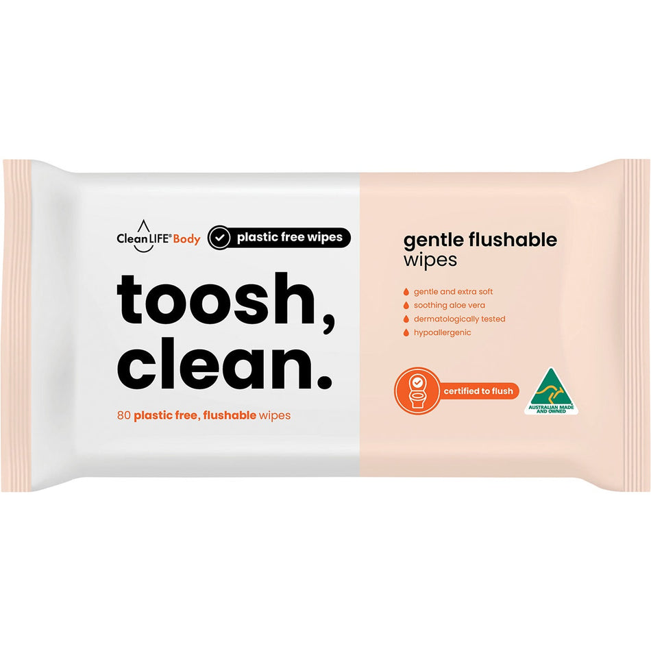 CLEANLIFE Flushable Plastic Free Wipes Toosh Clean 80pk