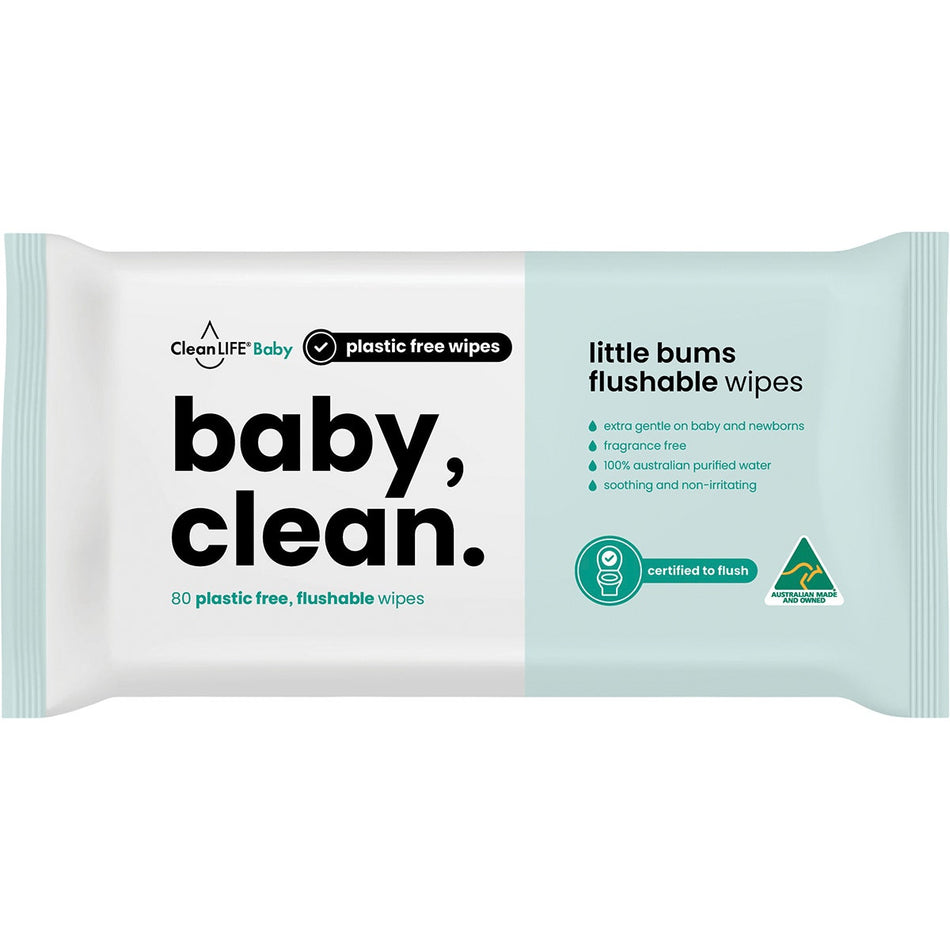 CLEANLIFE Flushable Plastic Free Wipes Baby Clean 80pk