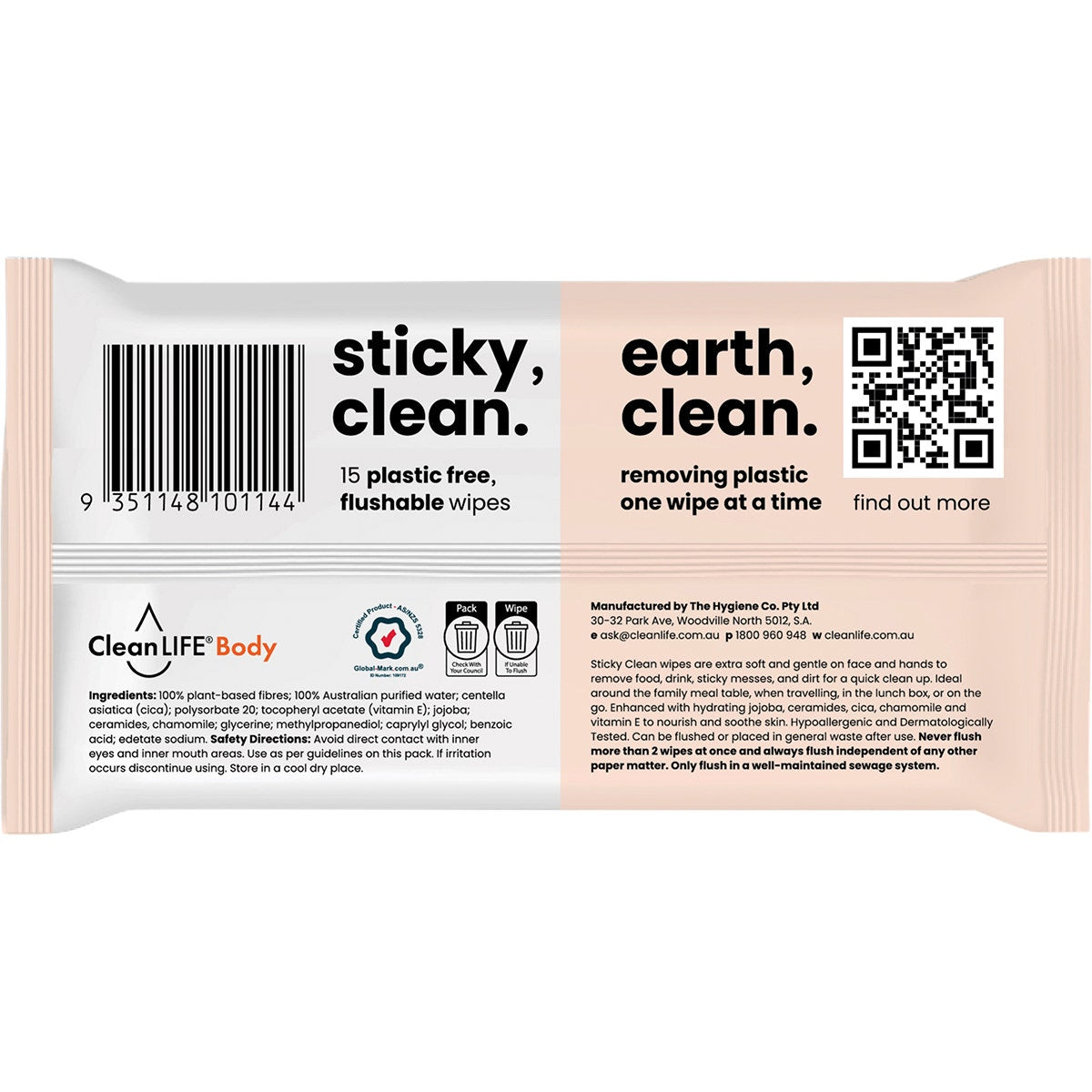 Cleanlife Sticky Clean Flushable Plastic Free Wipes 15pk