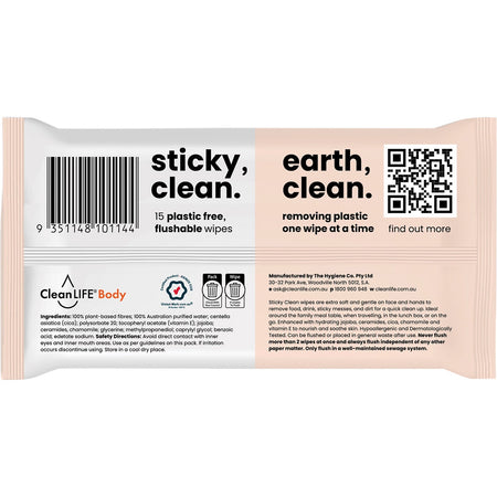 Cleanlife Sticky Clean Flushable Plastic Free Wipes 15pk