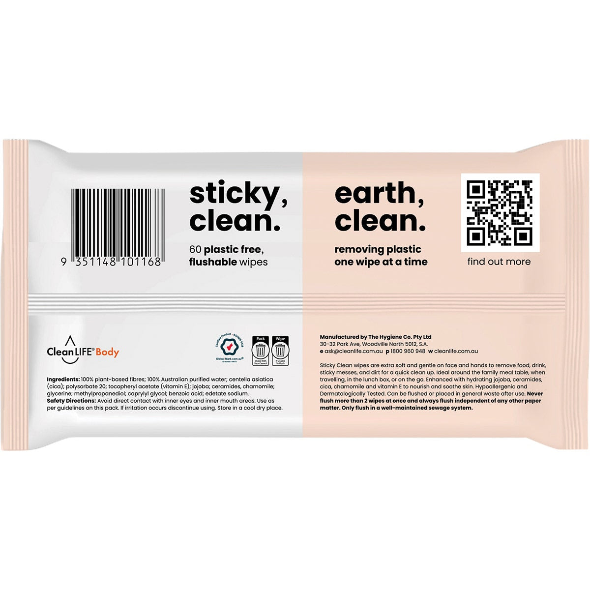 CleanLIFE Sticky Clean Flushable Plastic Free Wipes 60pk