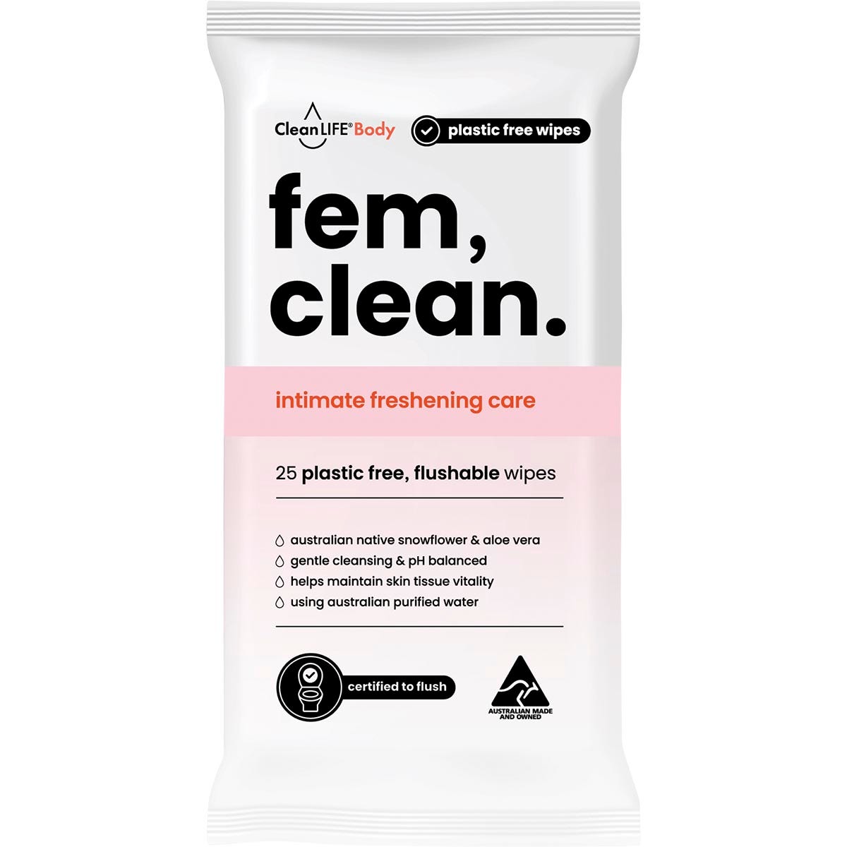 CleanLIFE Fem Clean Intimate Flushable Plastic Free Wipes 25pk