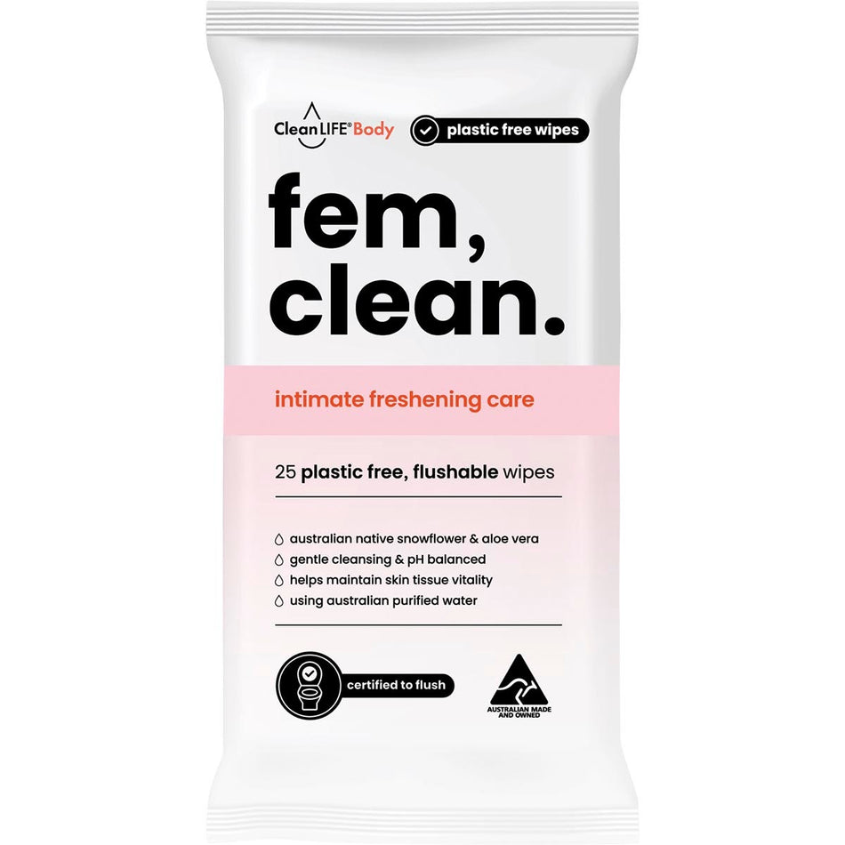 CleanLIFE Fem Clean Intimate Flushable Plastic Free Wipes 25pk