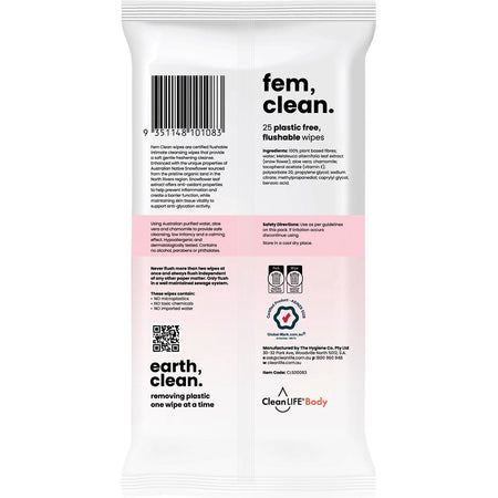 CleanLIFE Fem Clean Intimate Flushable Plastic Free Wipes 25pk