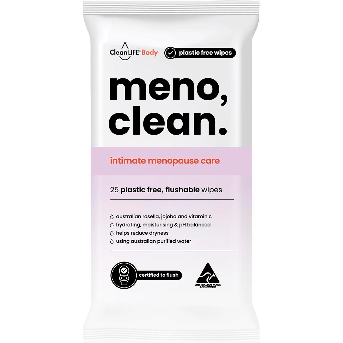 CleanLIFE Meno Clean Wipes Flushable Plastic Free Wipes 25pk