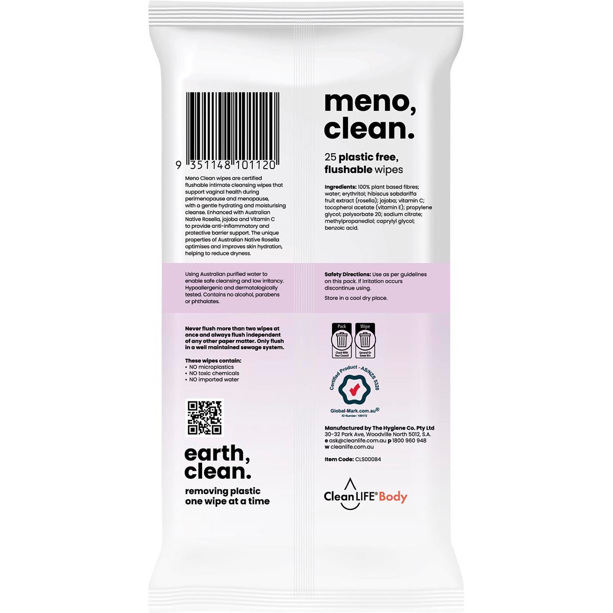 CleanLIFE Meno Clean Wipes Flushable Plastic Free Wipes 25pk