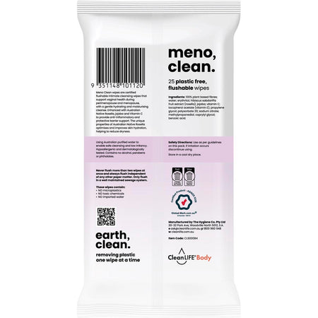 CleanLIFE Meno Clean Wipes Flushable Plastic Free Wipes 25pk