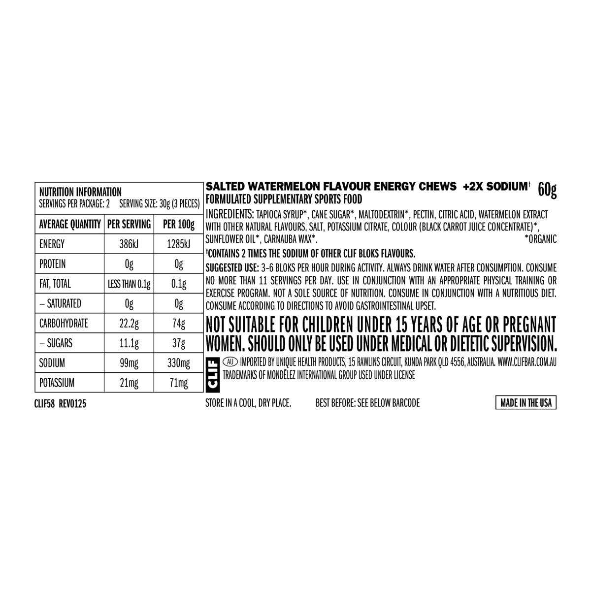 Clif Bloks Energy Chews Salted Watermelon 100mg Sodium 18x60g