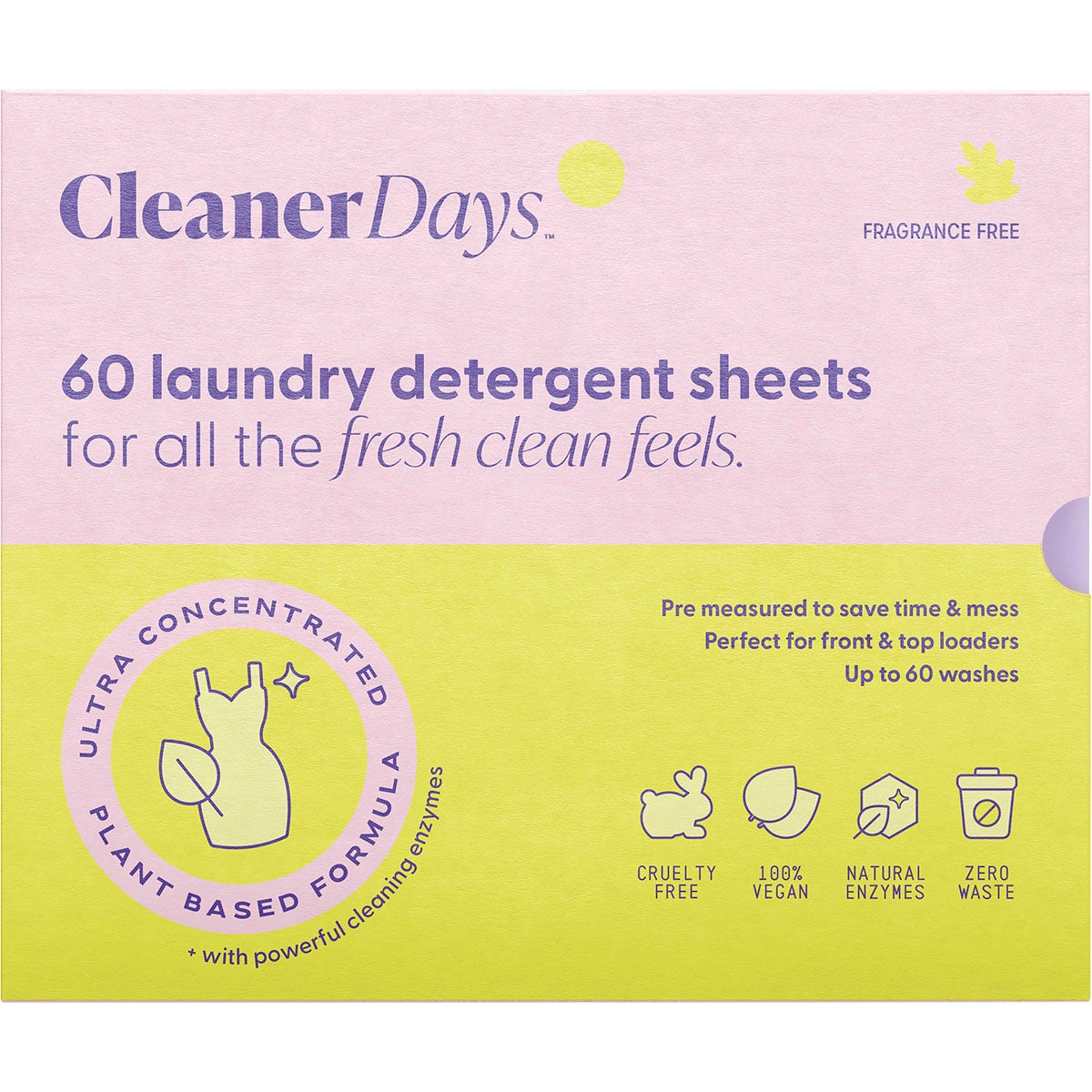 CLEANER DAYS Laundry Detergent Sheets Fragrance Free 60pcs