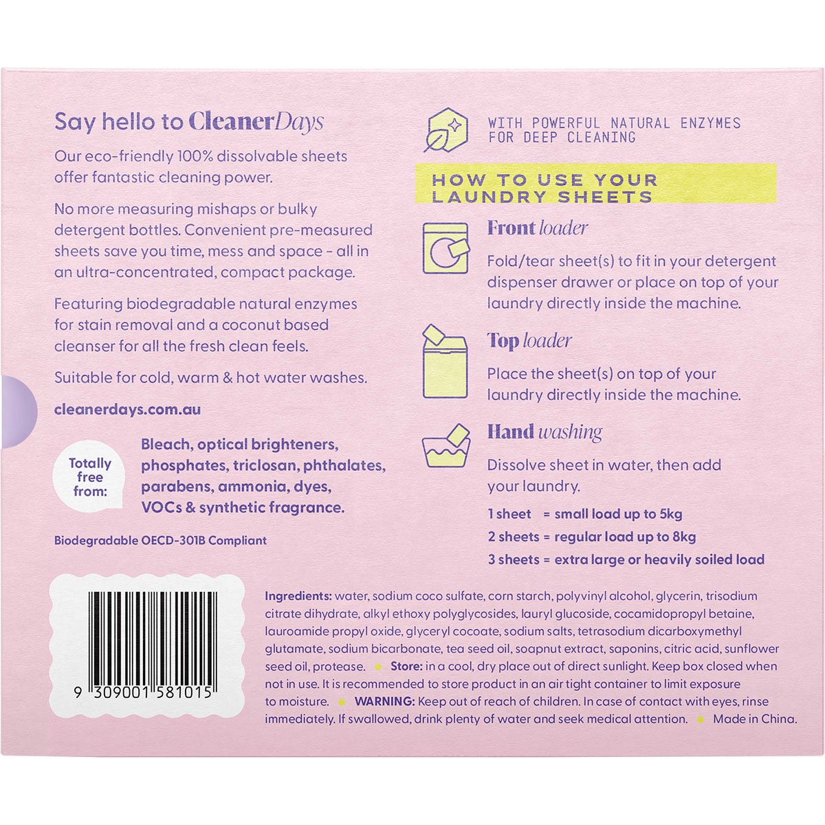 CLEANER DAYS Laundry Detergent Sheets Fragrance Free 60pcs