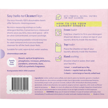 CLEANER DAYS Laundry Detergent Sheets Fragrance Free 60pcs