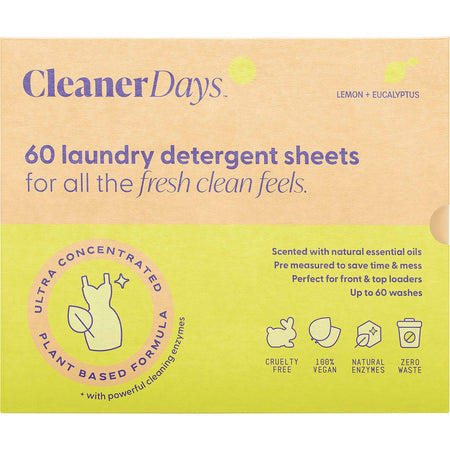 CLEANER DAYS Laundry Detergent Sheets Lemon + Eucalyptus 60pcs