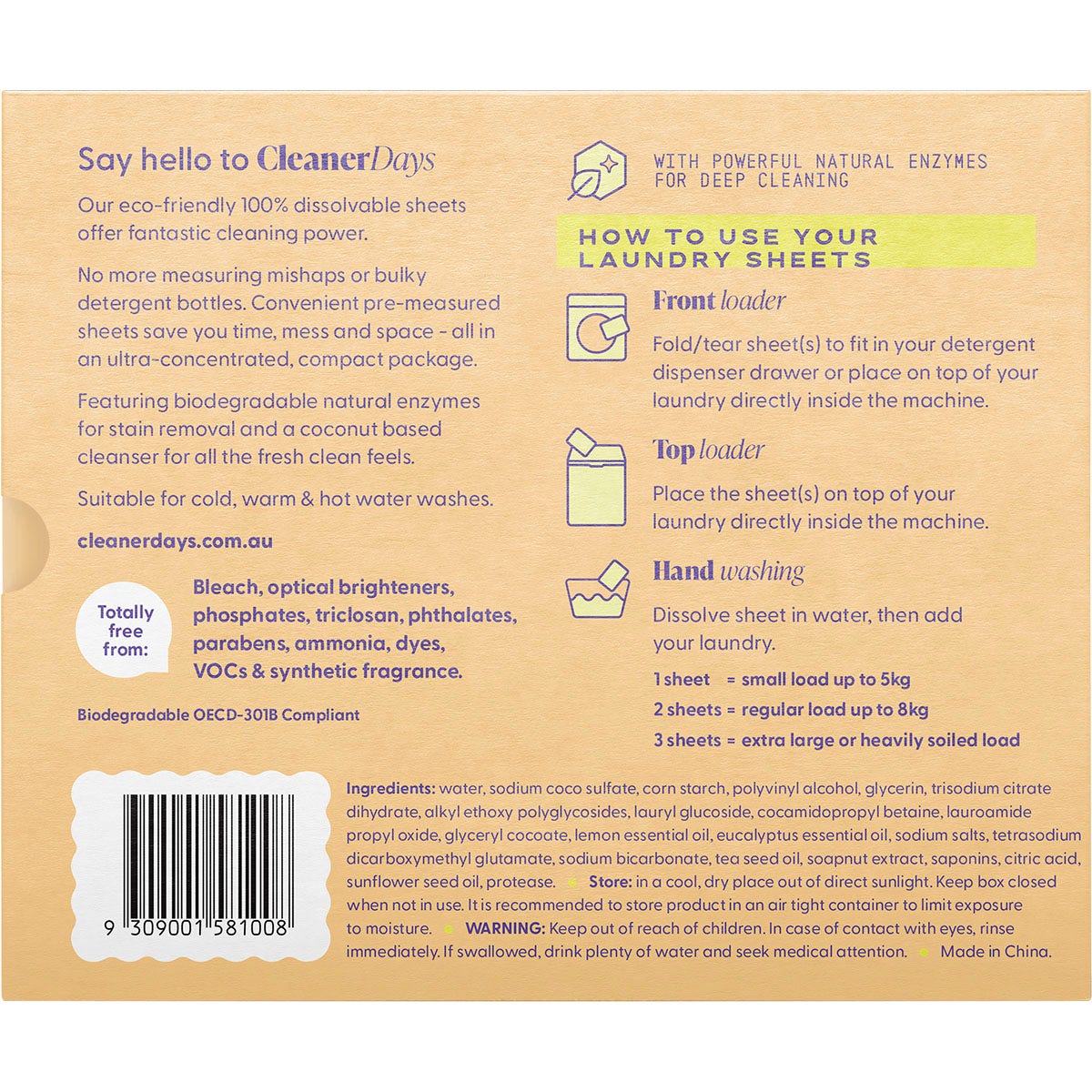 CLEANER DAYS Laundry Detergent Sheets Lemon + Eucalyptus 60pcs