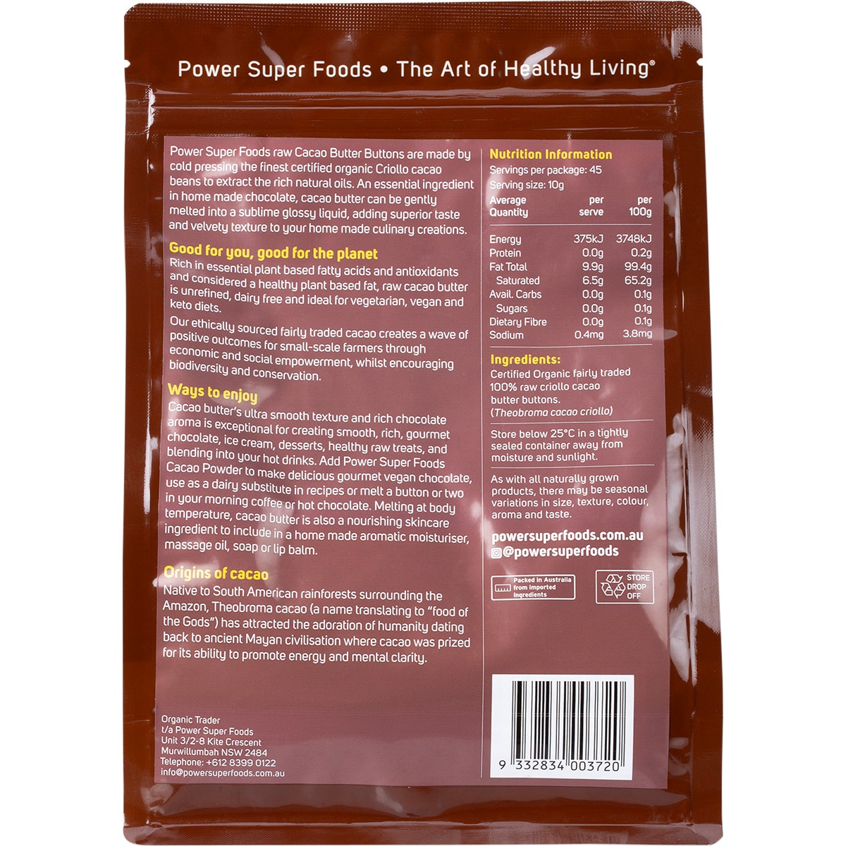 POWER SUPER FOODS Cacao Butter Buttons The Origin Series 450g