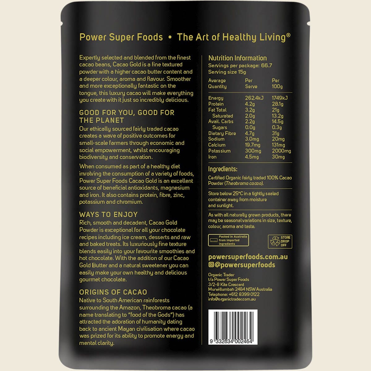 Power Super Foods Cacao Gold Powder Certified Organic 1kg