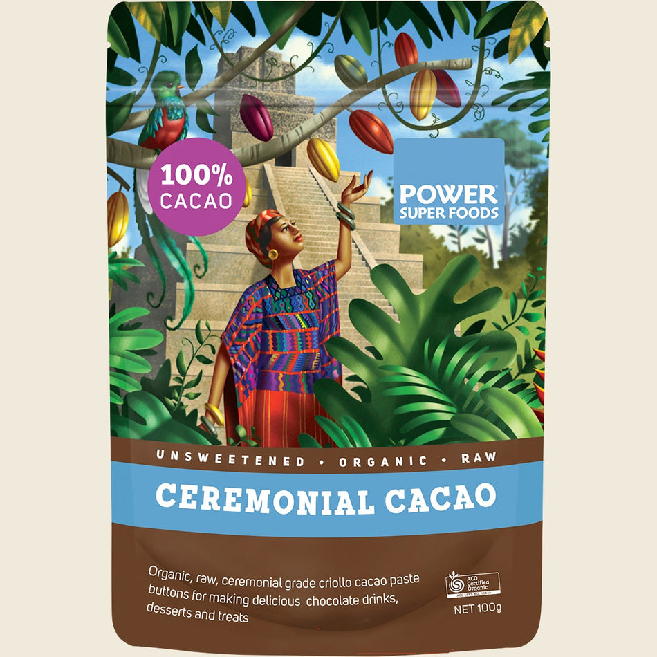 Power Super Foods Cacao Paste Buttons Ceremonial Grade Certified Organic 100g