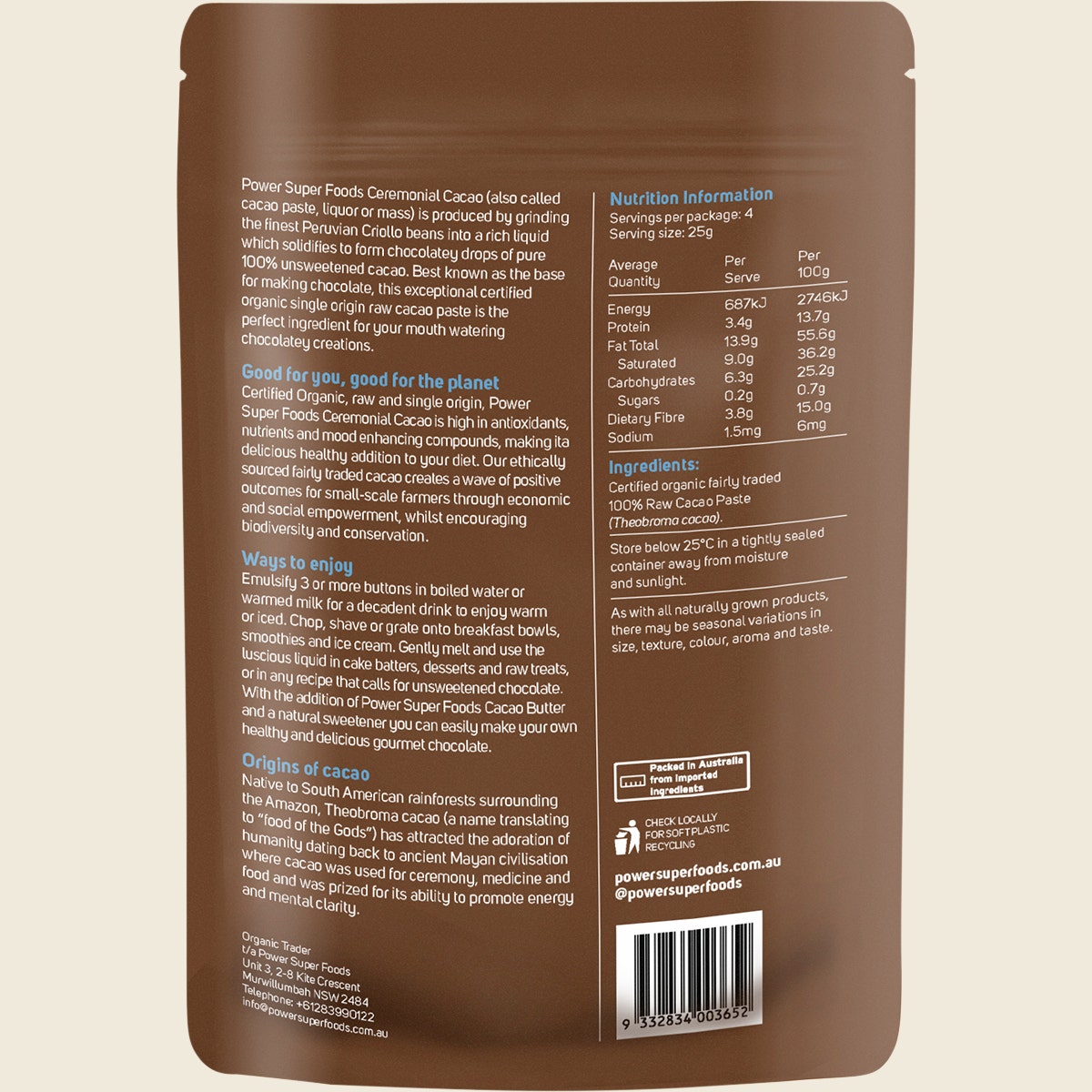 Power Super Foods Cacao Paste Buttons Ceremonial Grade Certified Organic 100g