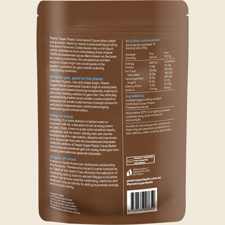 Power Super Foods Cacao Paste Buttons Ceremonial Grade Certified Organic 100g