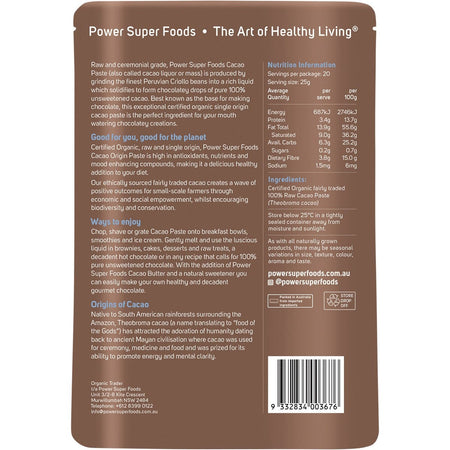 POWER SUPER FOODS Cacao Paste Buttons Ceremonial Grade Certified Organic 500g