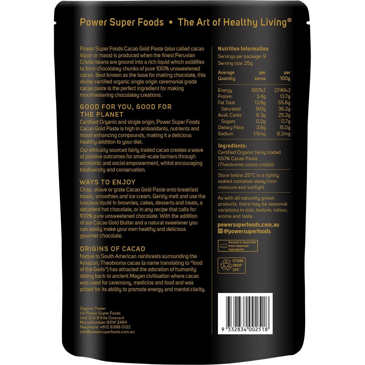 POWER SUPER FOODS Cacao Gold Paste Chunks Ceremonial Grade Cert Organic 225g