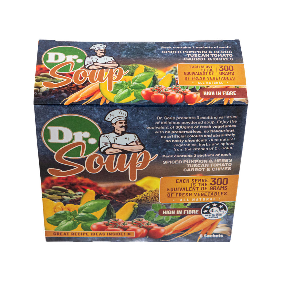 Cell-Logic Dr Soup Mixed Sachets (3 Flavours) 30g x 6 Pack (contains: 2 each of Spiced Pumpkin & Herbs, Tuscan Tomato and Carrot & Chives)