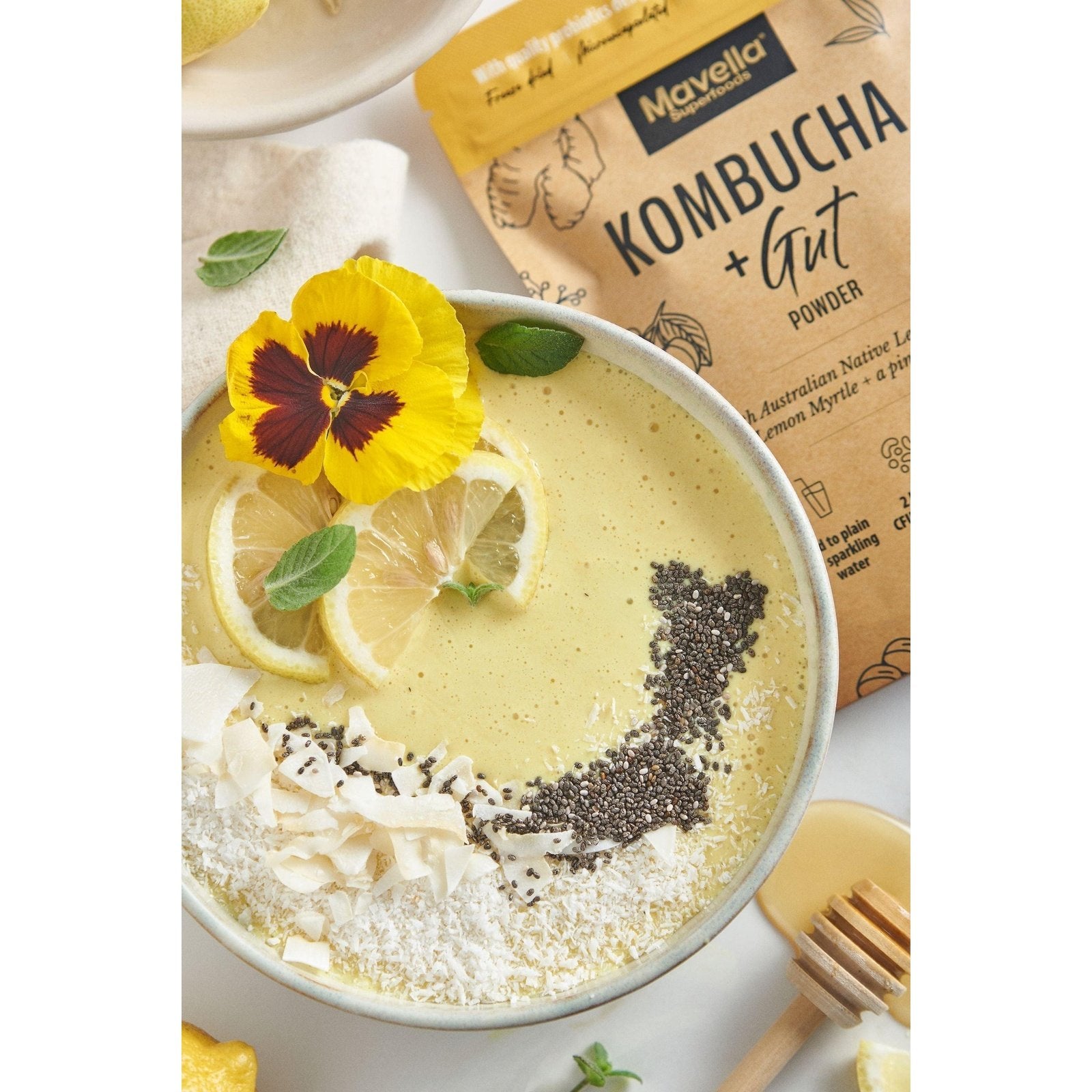 Mavella Superfoods Kombucha + Gut Powder with Australian Native Lemon Aspen & Lemon Myrtle & Ginger 100g