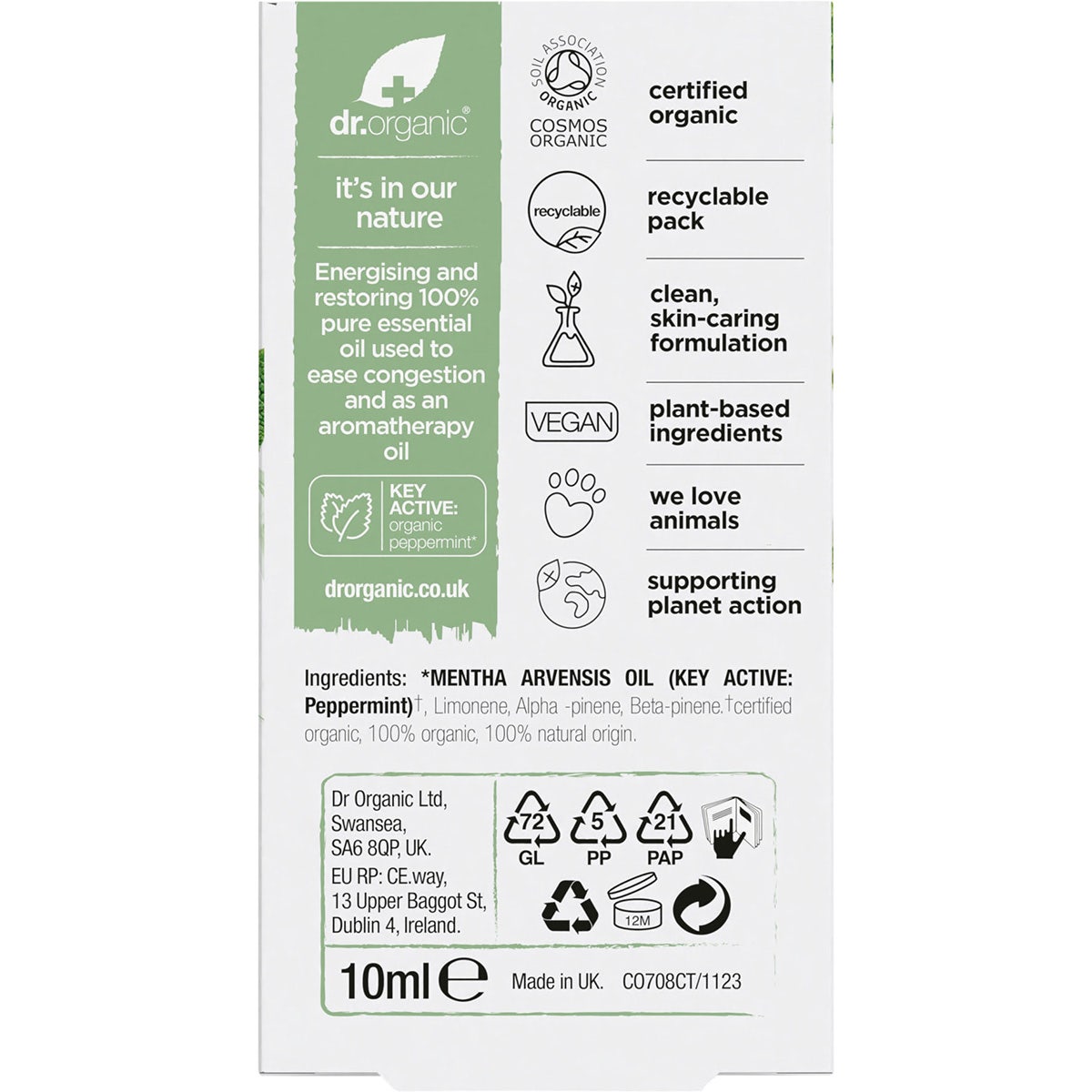 Dr Organic Peppermint Oil 100% Pure 10ml