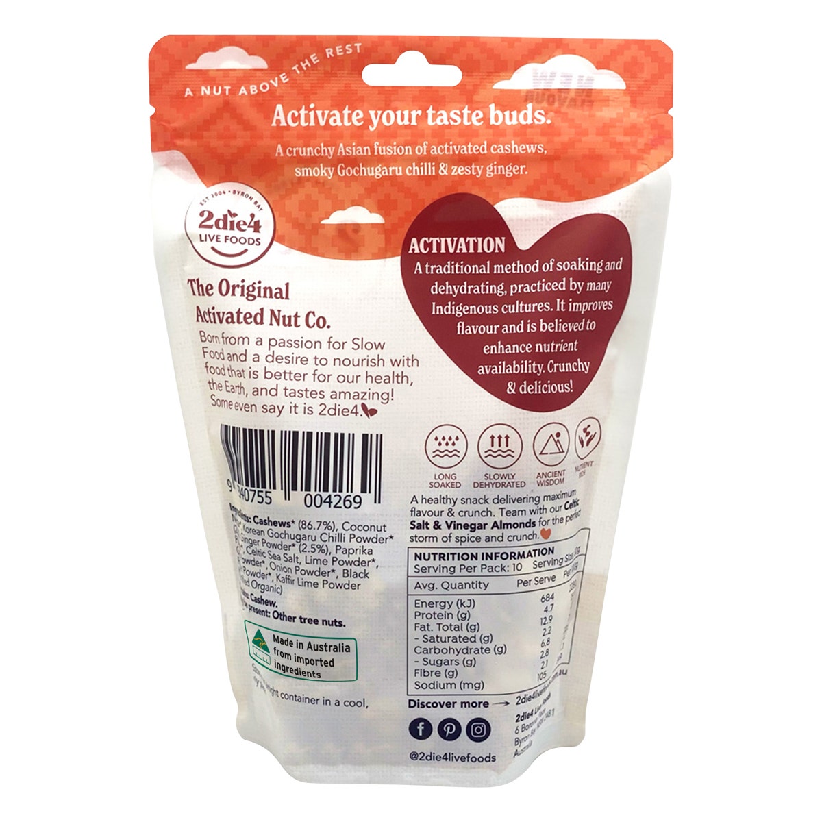 2die4 Live Foods Organic Activated Korean Chilli & Ginger Cashews 300g