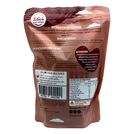 2die4 Live Foods Organic Activated Buckies Cacao Clusters 400g