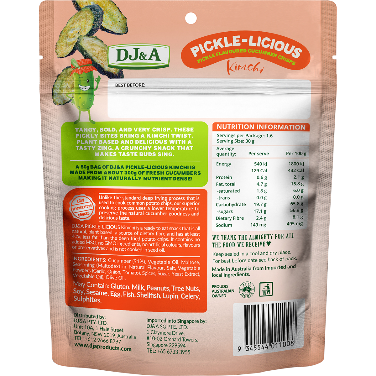 DJ&A Pickle-Licious Pickle Flavoured Cucumber Kimchi 50g x 9 Pack