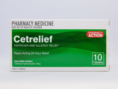 Pharmacy Action Cetrelief 10mg 10 Tabs (Generic for Zyrtec)