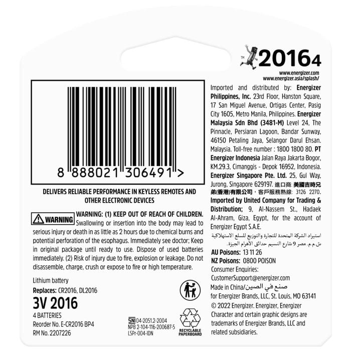 Energizer 2016 Lithium Coin Batteries 4 Pack