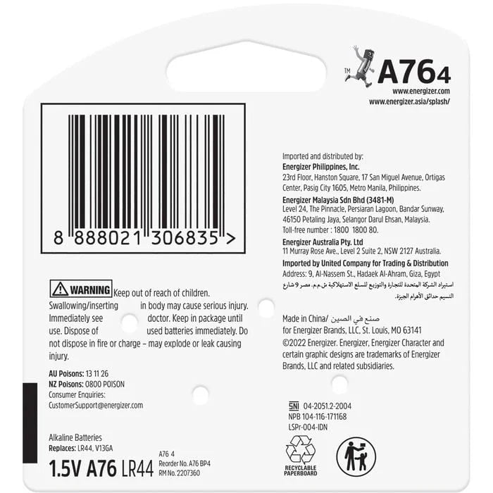 Energizer A76 Silver Oxide Button Battery 4 Pack