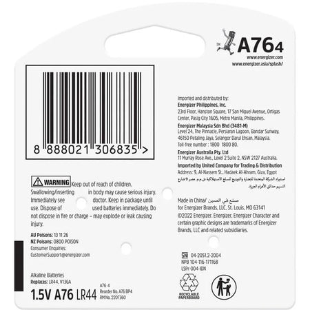 Energizer A76 Silver Oxide Button Battery 4 Pack