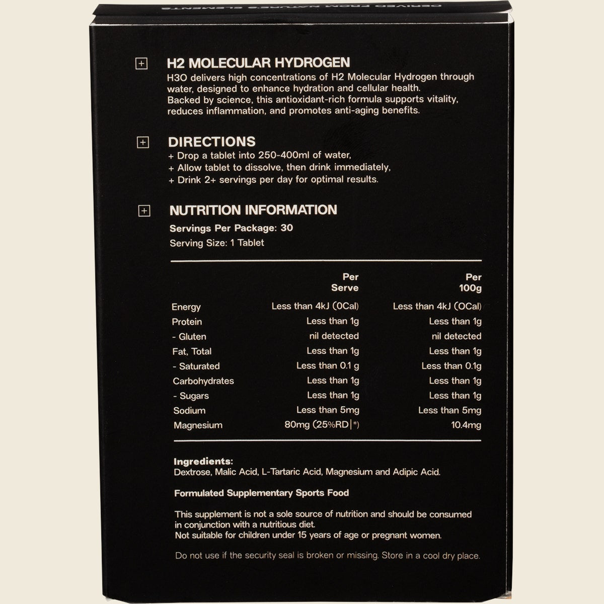 Elmnt H2 Molecular Hydrogen Water Tablets Natural 30pk
