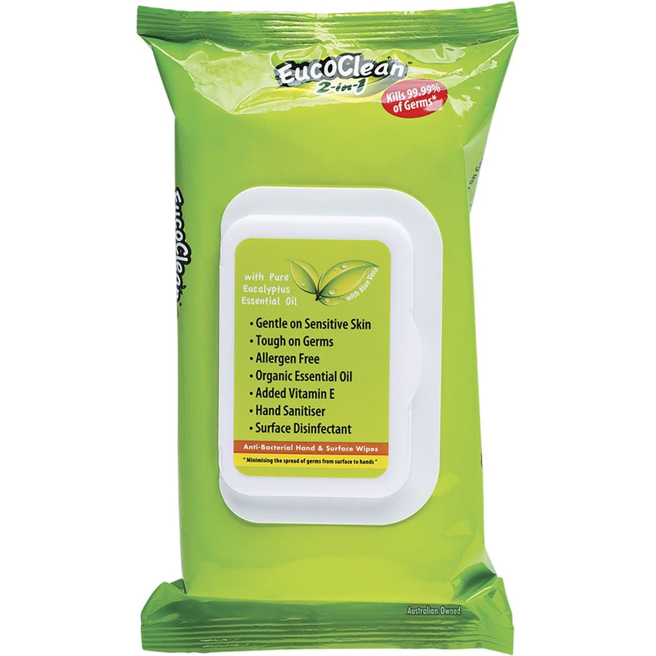 EUCOCLEAN Anti-Bacterial Wipes 2-in-1 Hand & Surface With Vitamin E 60