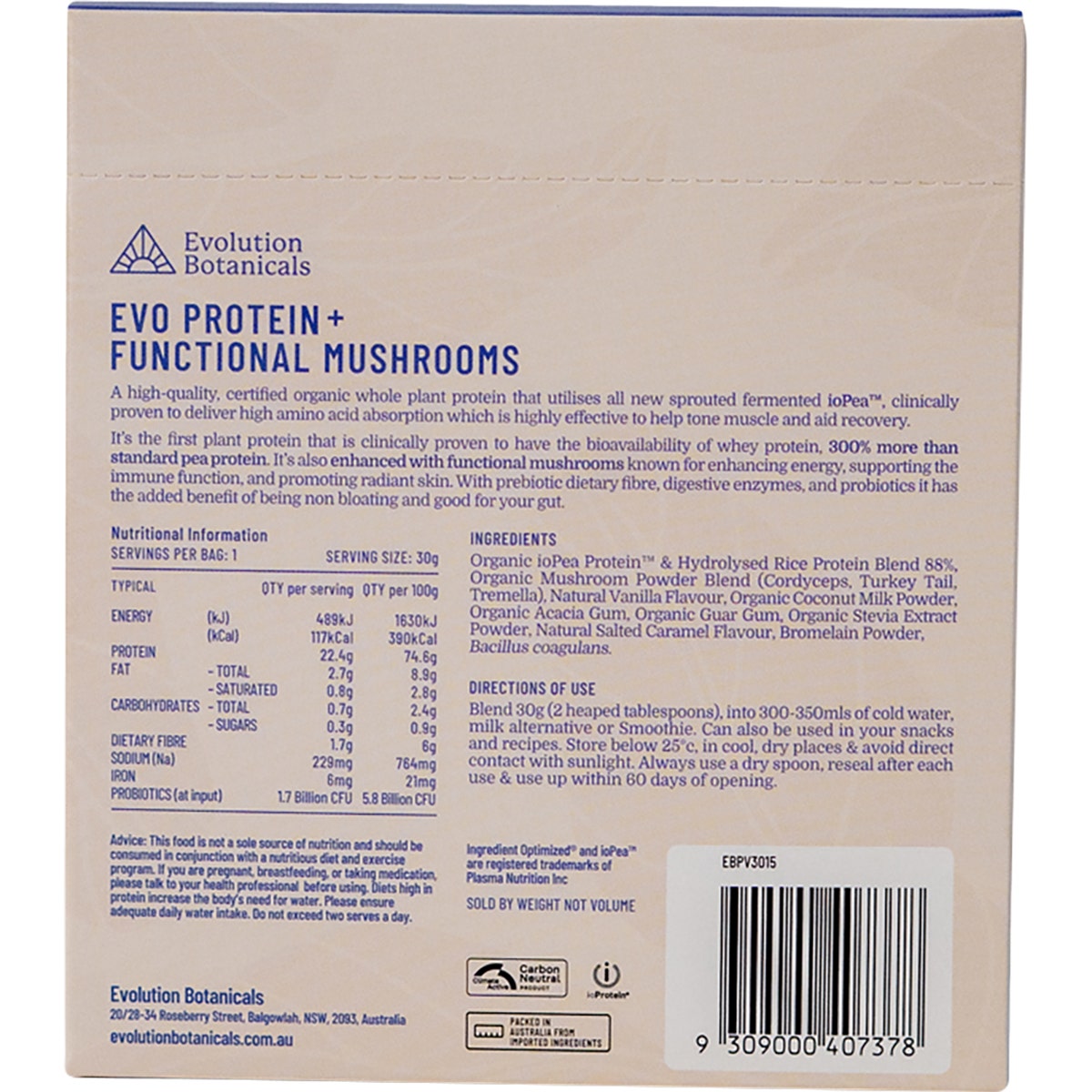 Evolution Botanicals EVO+ Protein Functional Mushrooms Creamy Vanilla 15x30g