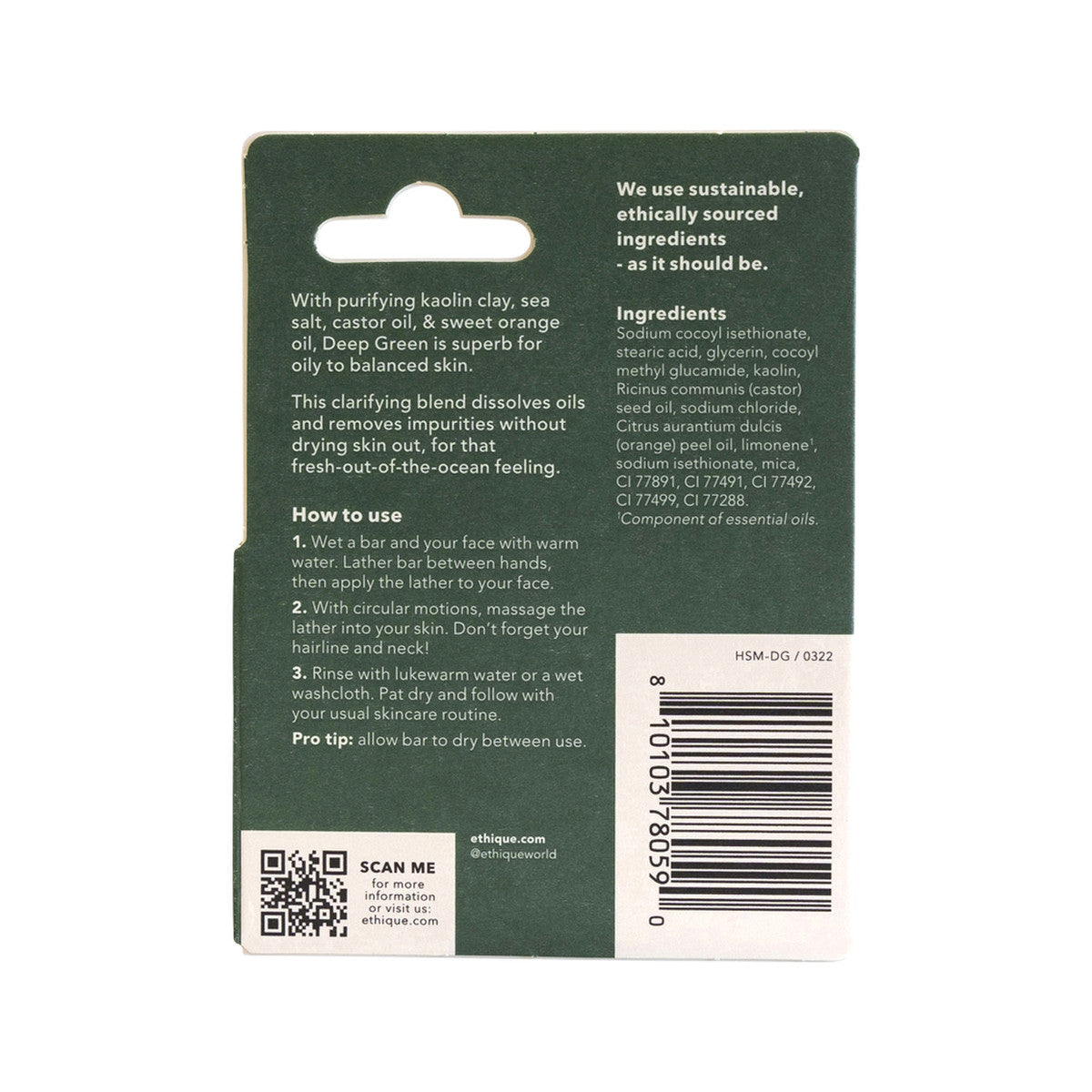 Ethique Bar Face Cleanser Deep Clean Solid Deep Green For Oily To Balanced 15g