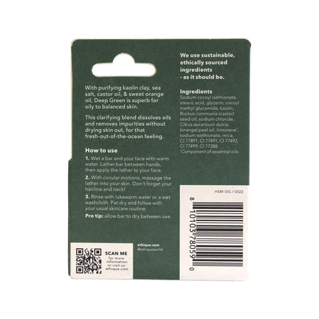 Ethique Bar Face Cleanser Deep Clean Solid Deep Green For Oily To Balanced 15g