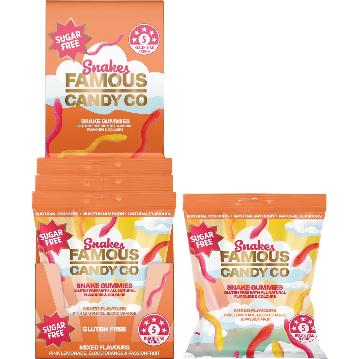 Famous Sugar Free Candy Snake Gummies Mixed Flavours 10x50g