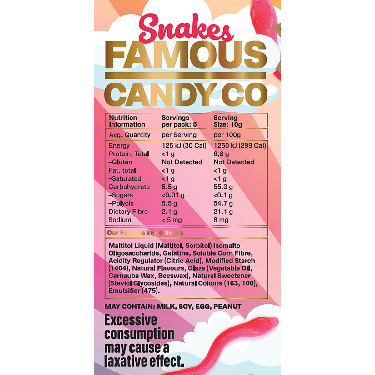 Famous Sugar Free Candy Snake Gummies Mixed Flavours 10x50g