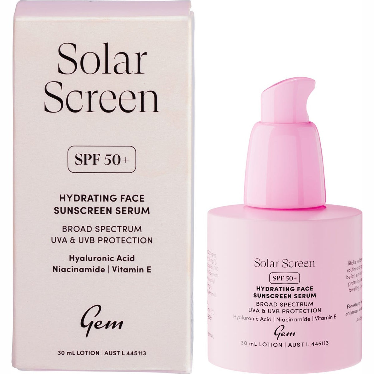 Gem Solar Screen SPF50+ Hydrating Face Sunscreen Serum 30ml