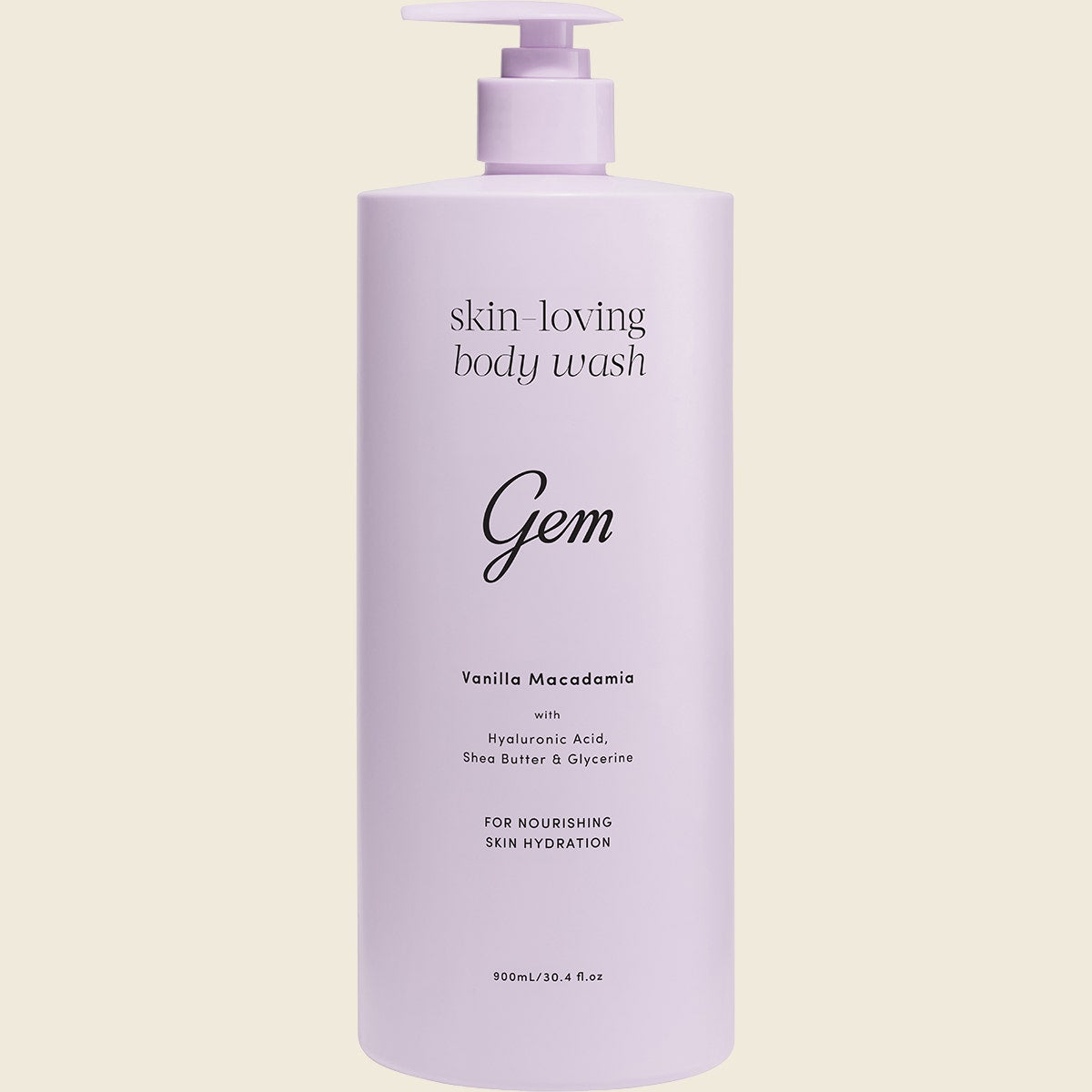 Body wash bottle labeled 'Gem' on a light beige background
