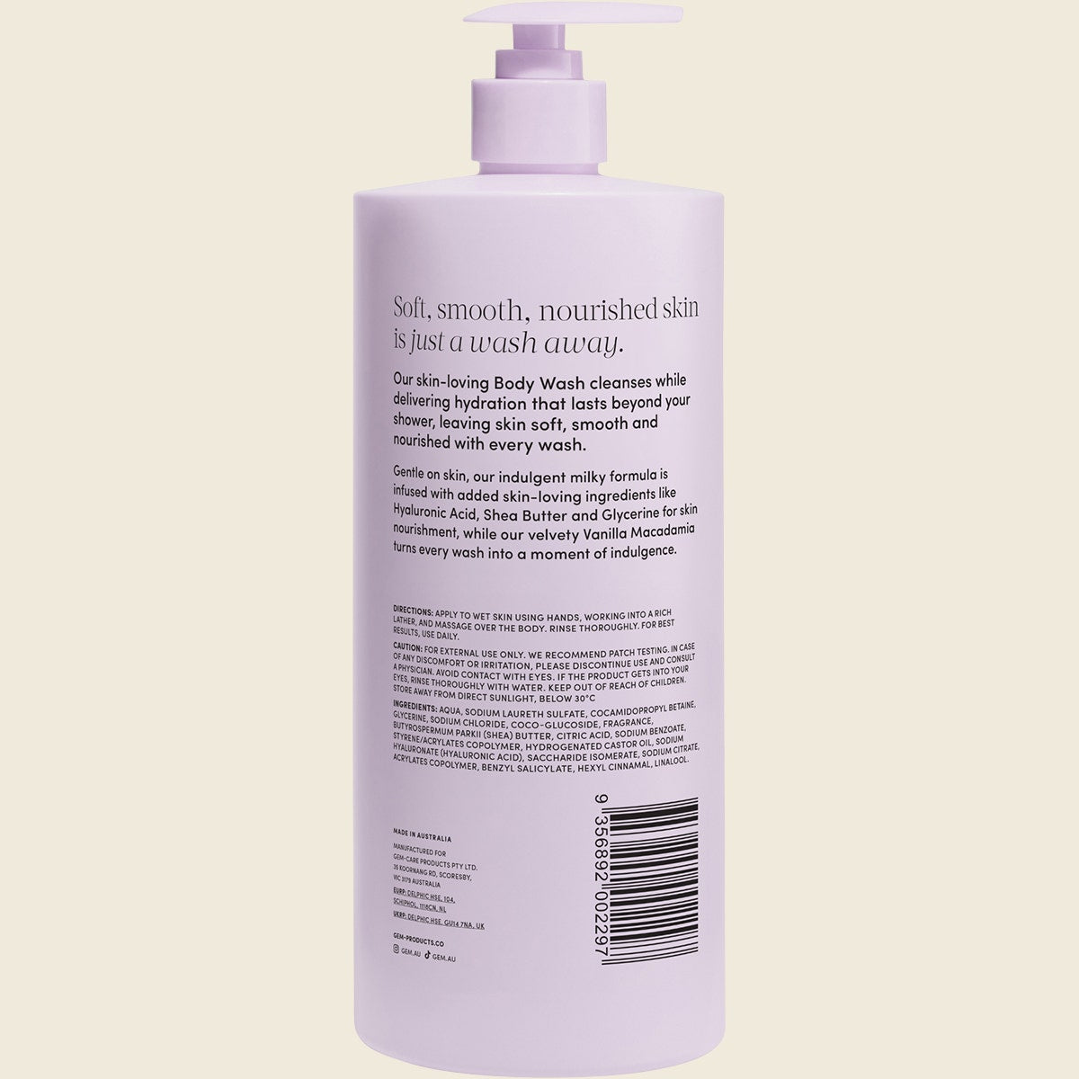 Body wash bottle with pump and text on a light purple background