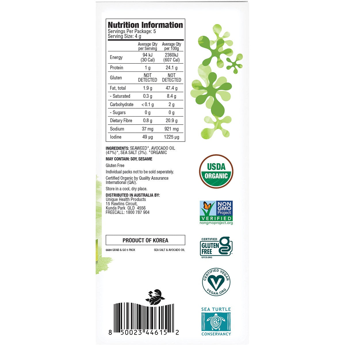 GimMe Roasted Seaweed Snacks Grab & Go Sea Salt & Avocado Oil 5x4g